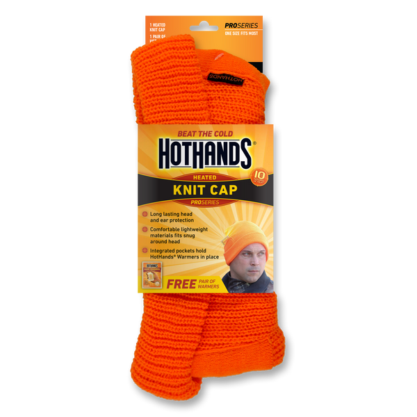 HotHands Orange Watch Cap - Includes 2 warmers | HotHands Direct heated orange hat, hi-viz heated hat, heated knitted cap